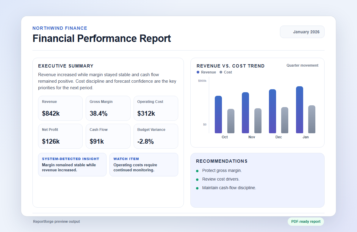Sample Reportforge finance report preview