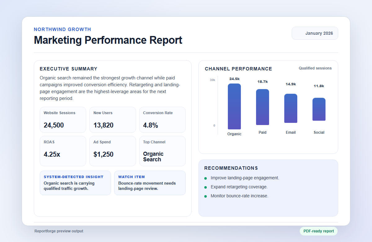 Sample Reportforge marketing report preview
